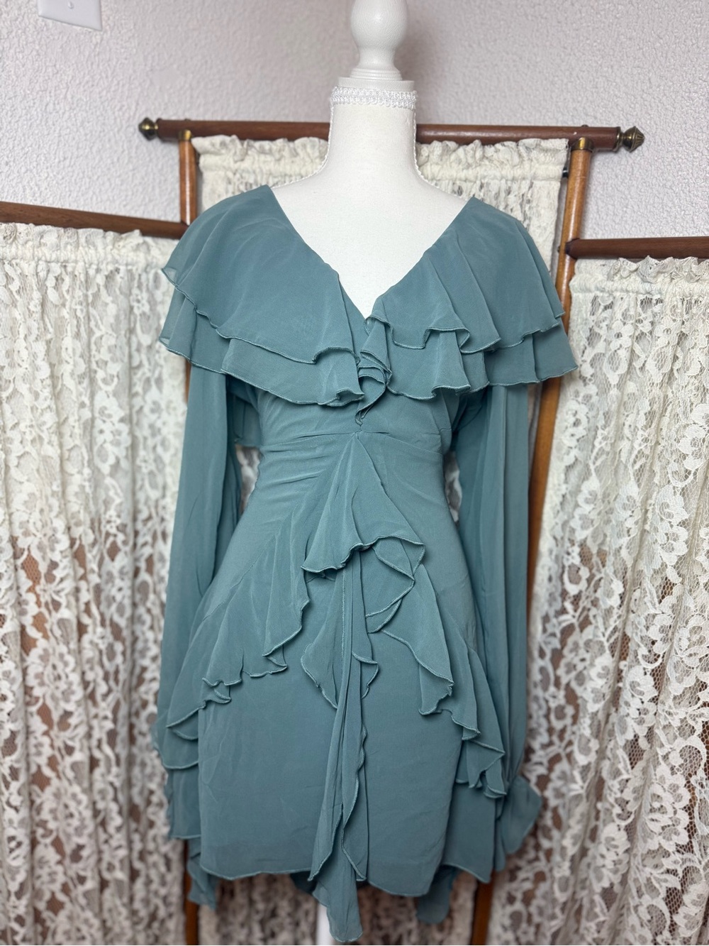 Dusty Teal Boho/western Ruffled V-Neck Long Sleeve Dress